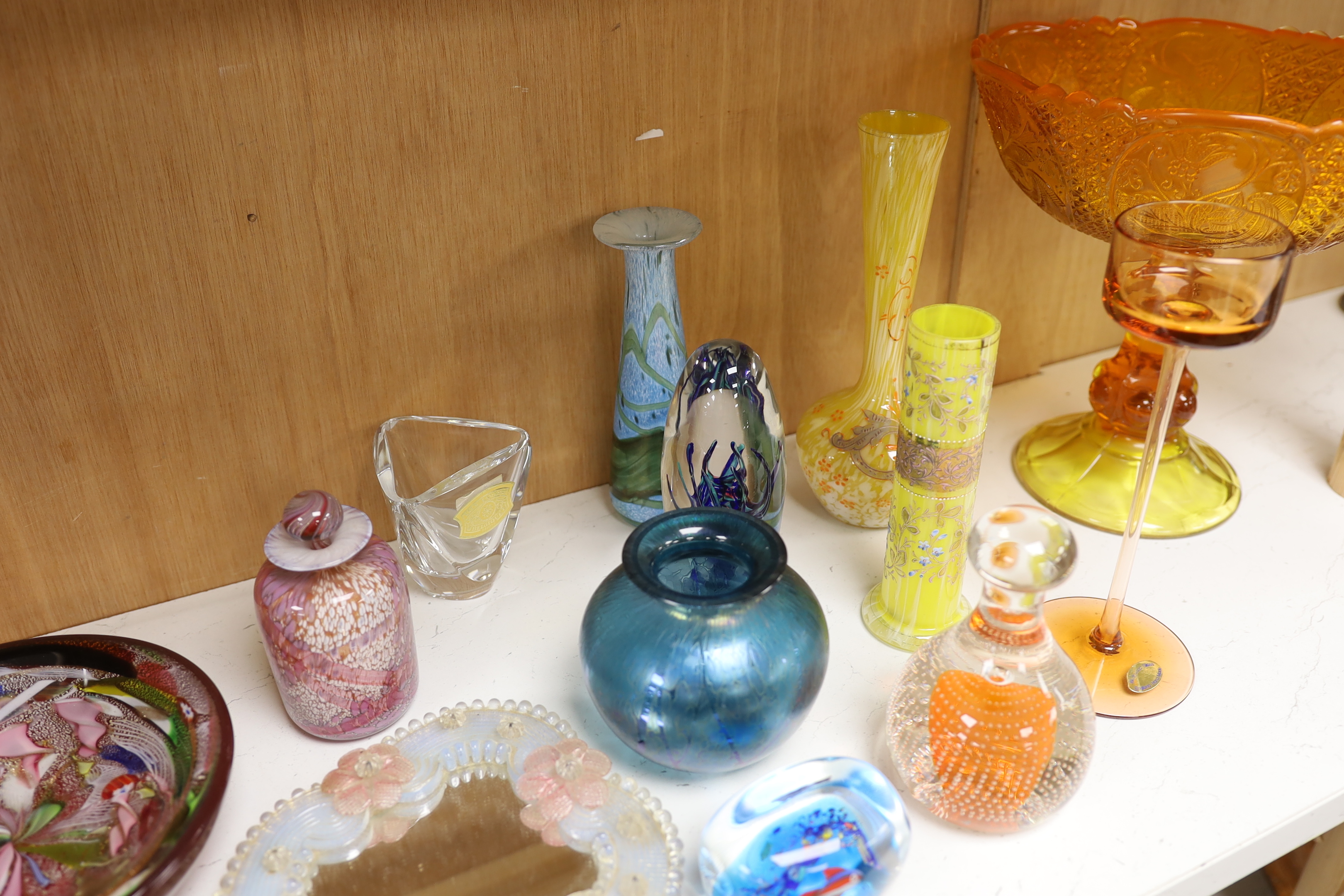 Fourteen glass items, including; paper weights, vases, perfume bottles, a Venetian style mirror and a pressed glass centrepiece, items by Wedgwood, etc.